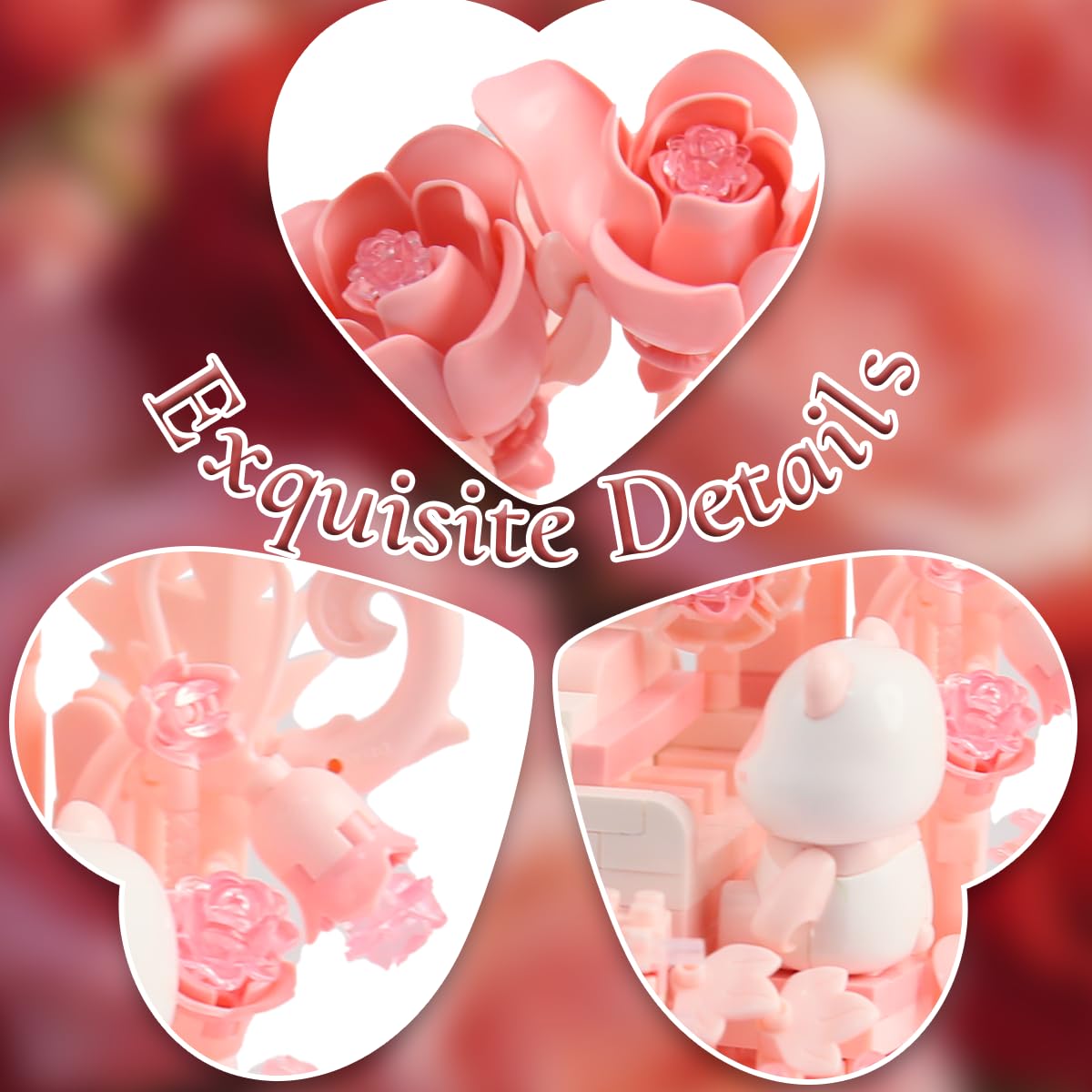 Insgen DIY Panda Piano Rose Blossom Music Building Block Set, Micro Bricks Model Kit for Adults Teens, Home Office Shelf Decor, Detailed Simulation Miniature Craft (Panda Piano Rose)