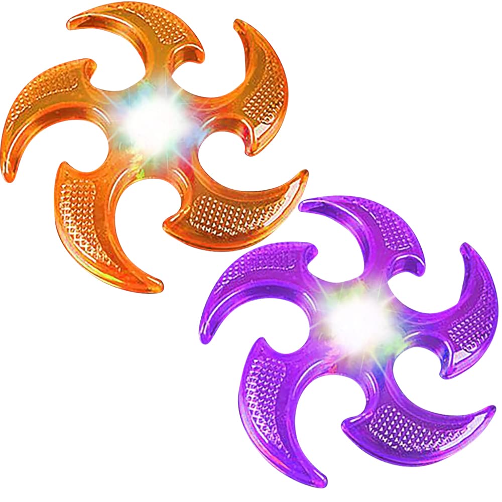 ArtCreativity Light Up Flyers Set Pack of 2 Flying Ninja Stars for Kids Light Up Flying Toys with Batteries Fun Summer Toy and Gift for Kids Orange and Purple Stars