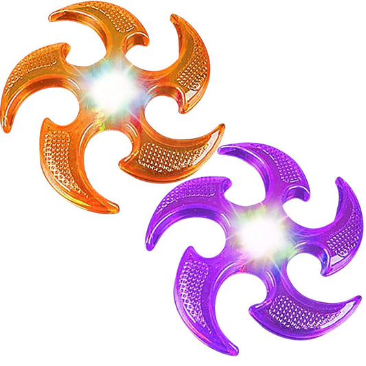 ArtCreativity Light Up Flyers Set Pack of 2 Flying Ninja Stars for Kids Light Up Flying Toys with Batteries Fun Summer Toy and Gift for Kids Orange and Purple Stars