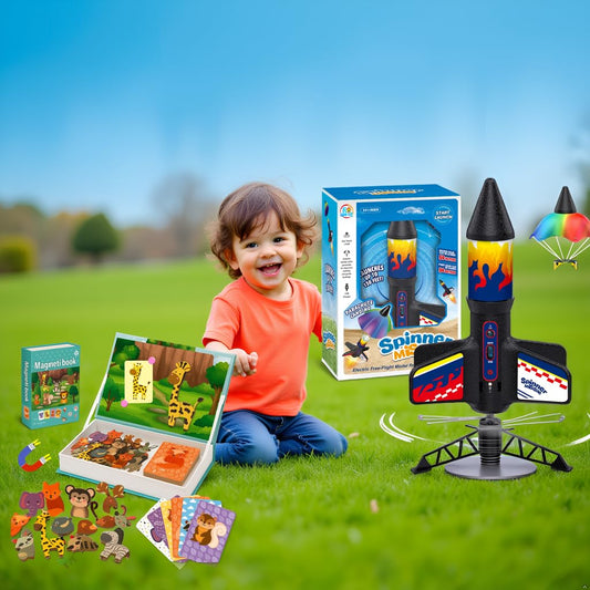 ROHSCE Animal Magnetic Busy Book for Toddlers, Montessori Quiet Travel Toy with 45 Magnets & Activity Cards, Plus Rocket Launcher Model Kit Outdoor Rocket Toy Gift for Kids