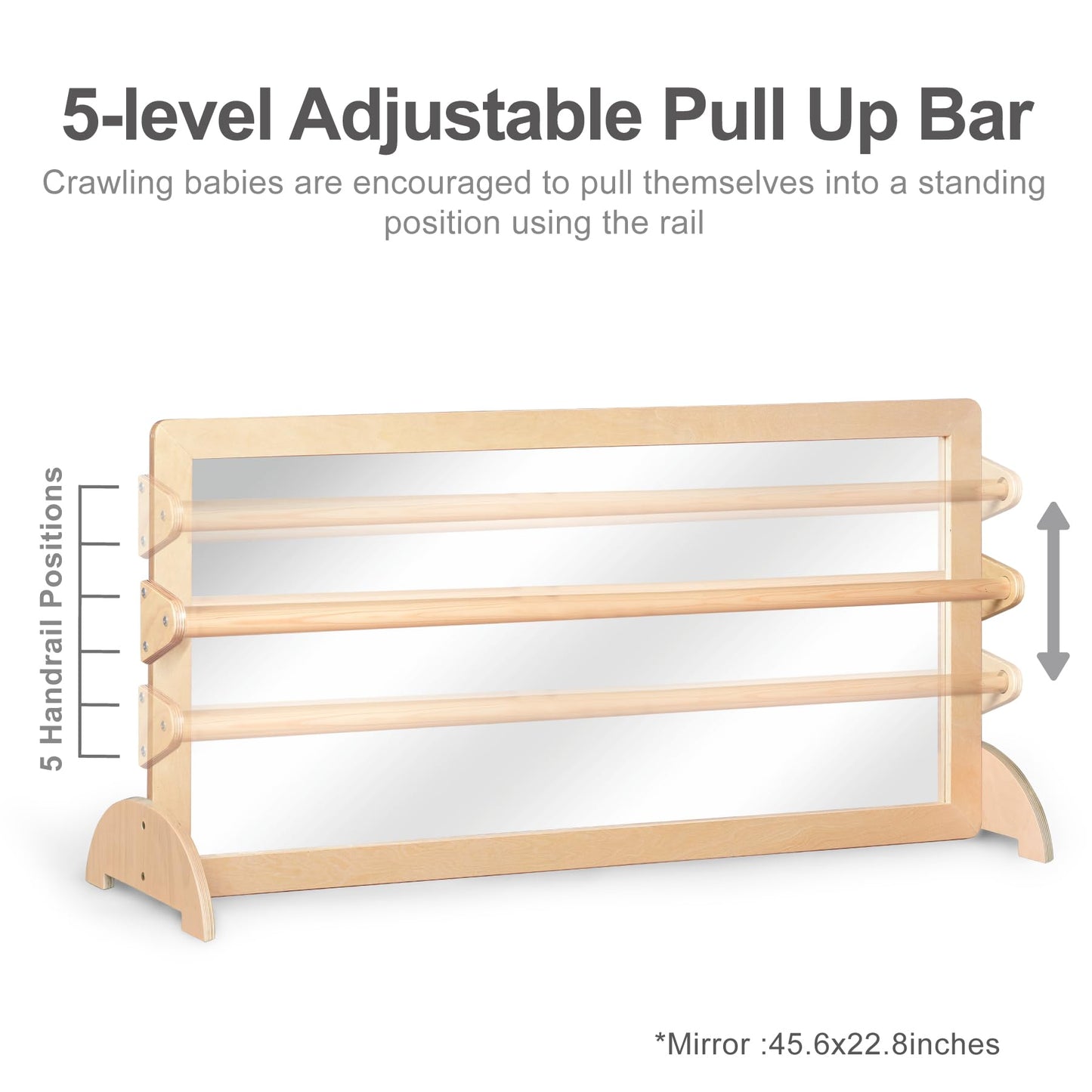 KRAND 3-Position Montessori Wood Frame Non-Shatter Safety Pull Up Bar Baby Big Mirror Set, Infant Coordination Mirror, Kids Classroom Furniture for Daycare, Homeschool or Preschool