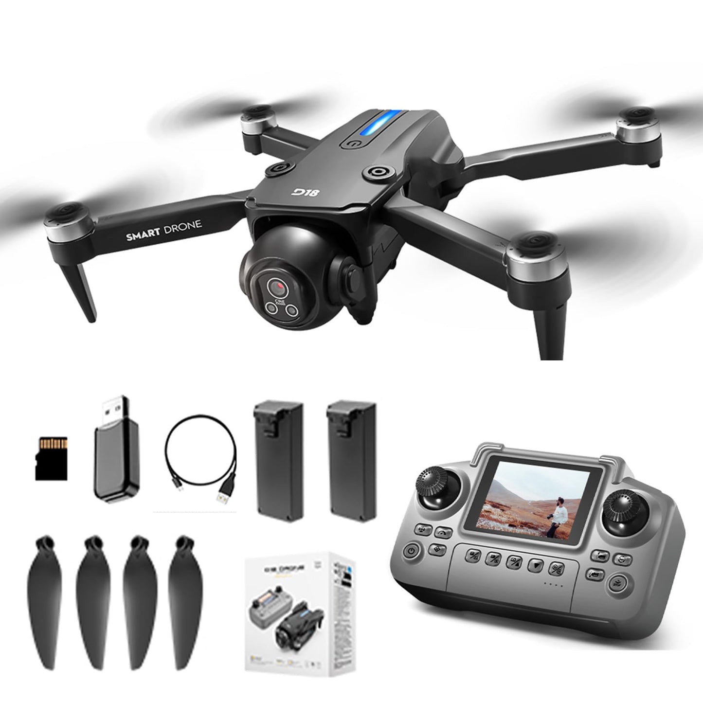 QQCHGOL Drone with Dual 2K HD Camera for Adults&Beginner, WiFi FPV Drone,LCD Screen RC,Gesture Selfie&Waypoint Flight,150 Tilt Camera,One-Key Takeoff/Landing,45Min Flight,2 Batteries,Gift for Men