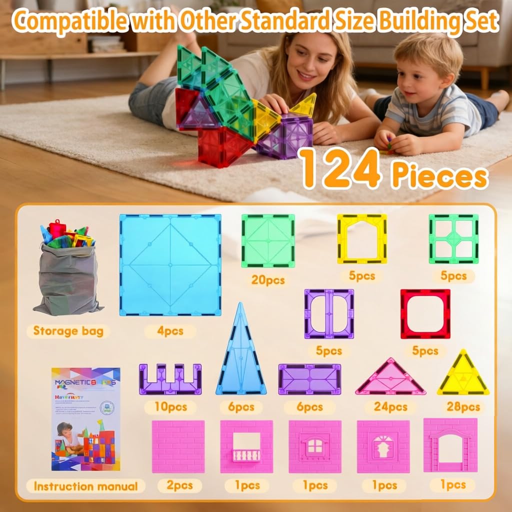 HAPPYMATY Upgraded Antibacterial Magnetic Tiles 124PCS, Including 4 Large Square Tiles, Magnetic Building Blocks, Inhibits Bacterial Growth for Healthier and Safer Play, STEM Educational Toys Set