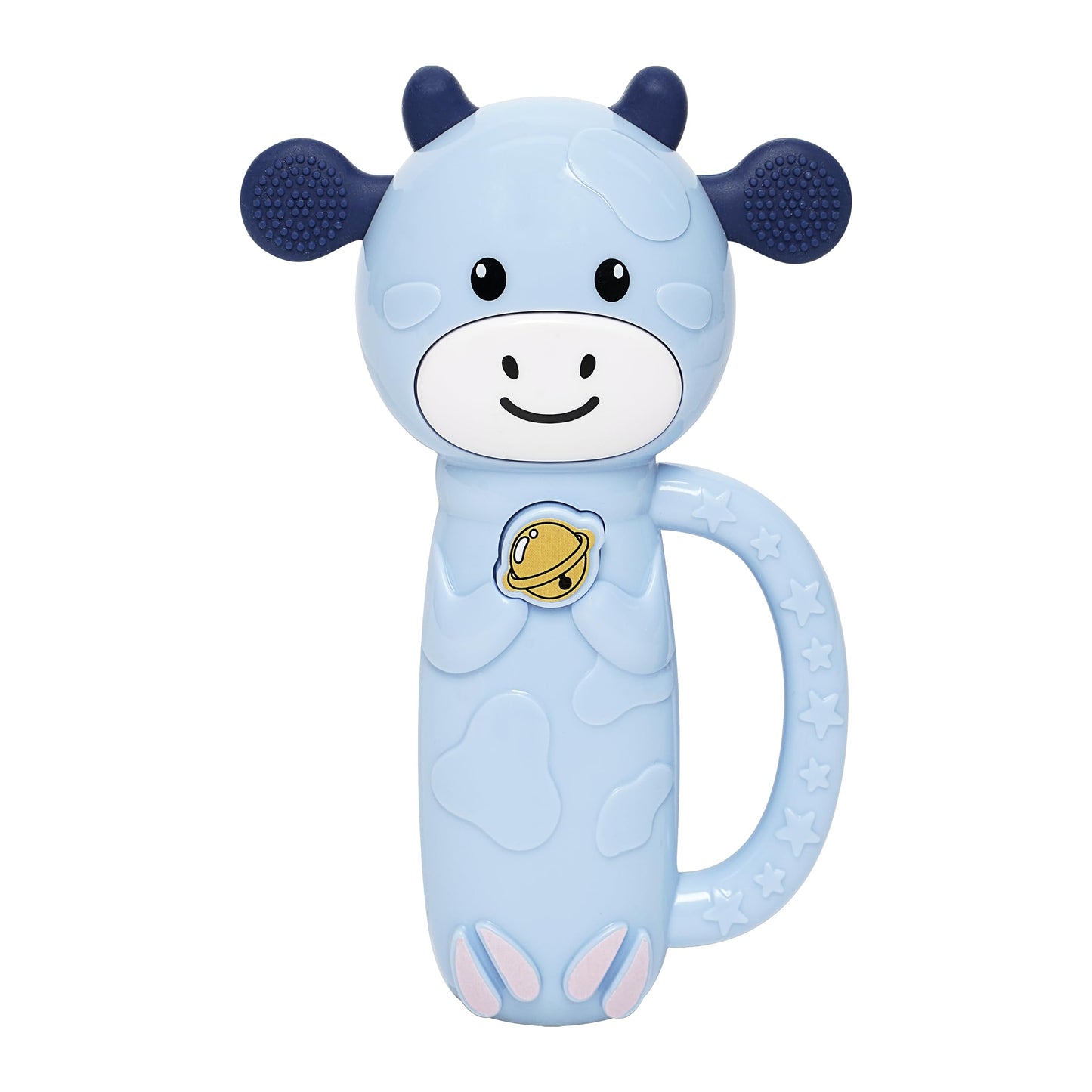 MooMoo Musical Baby Toy 4‑in‑1 Teether & Rattle, Light‑Up Sensory Toy with Music for 3–24 Month Infants, BPA‑Free, Easy‑Grip Handle, Ages 3 Months+ (Blue)