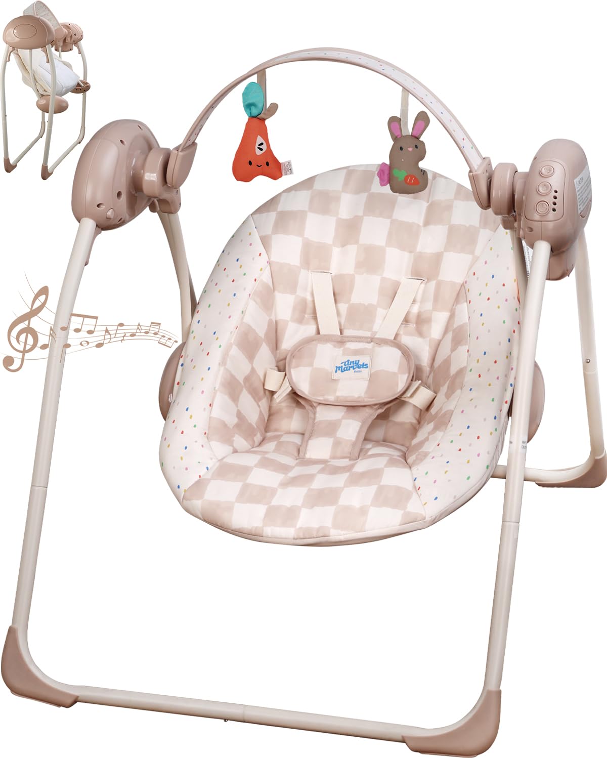 Baby Swings for Infants, Tiny Marvels Portable Swing with Adaptable Speed, Music, Removable-Toy-Bar, Foldable Infant Swing for Indoor and Outdoor Use, 0-9 Months 6-20 lbs(Sander Checker)