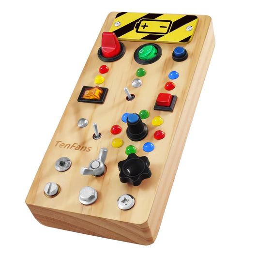 TenFans Montessori Busy Board with 8 LED Light Modes - Sensory Toys for 3-5 Year Olds & Airplane Travel, Wooden Activity Board Develops Fine Motor Skills