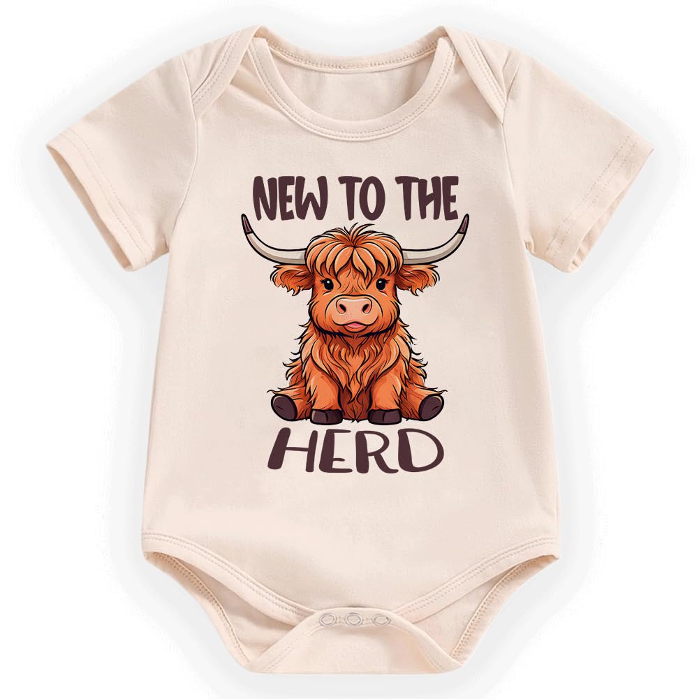 hrcfbk Western Baby Boy Girl Clothes Summer Newborn New to the Herd Cowgirl Short Sleeve Romper Infant Highland Cow Bodysuit (Beige New to the Herd,0-3 Months)