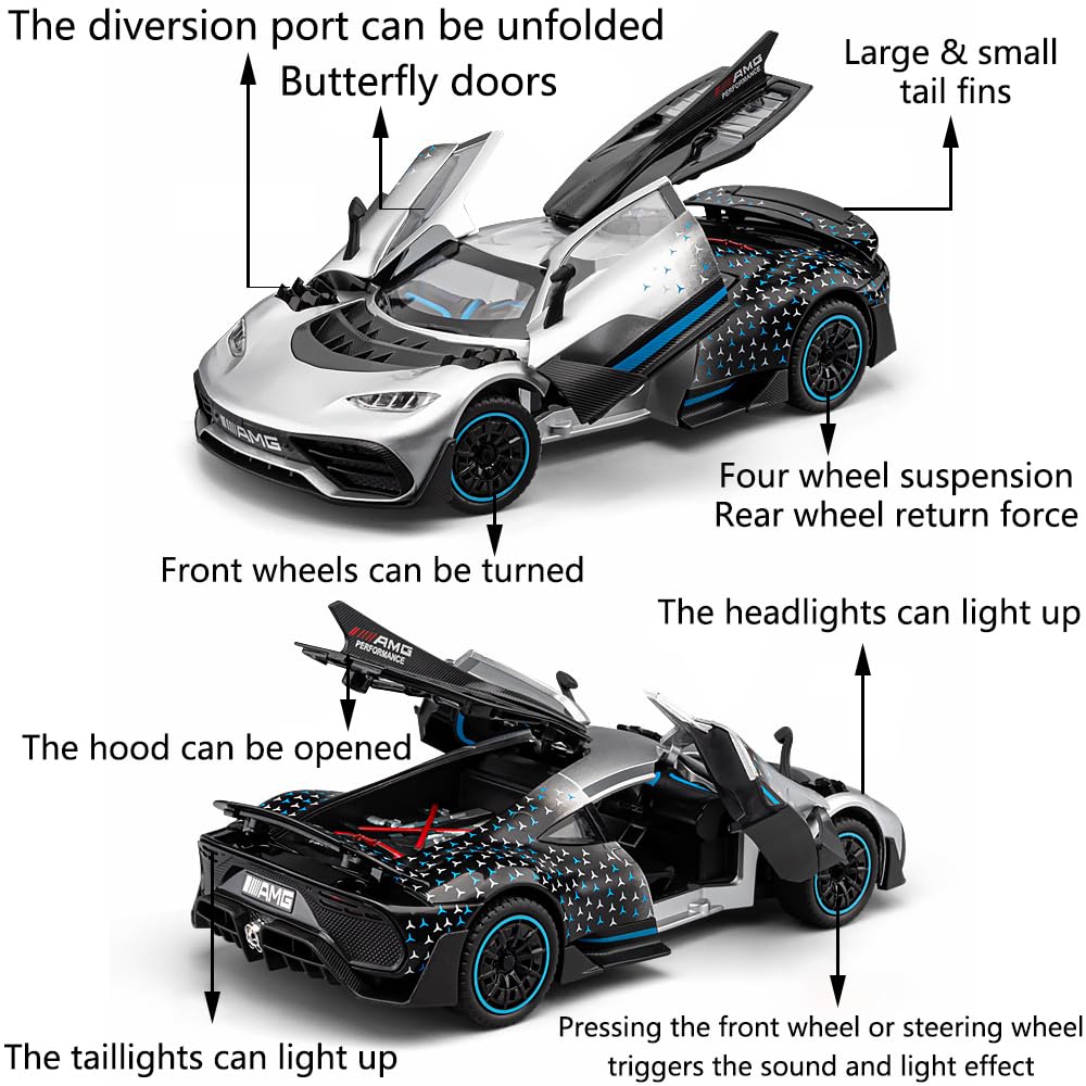 iLooboo Toy Car Model 1/24 Silver AMG ONE Alloy Collectible Vehicle Pull Back Die-Cast with Lights and Sound