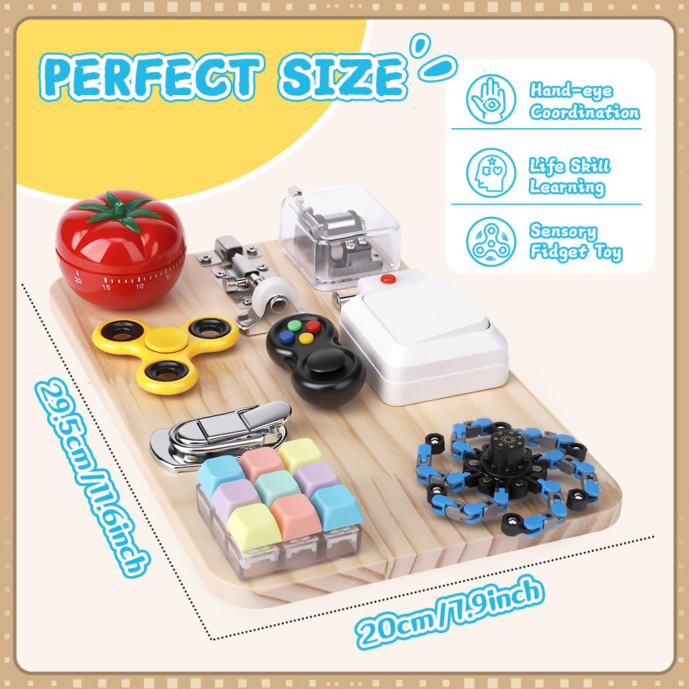 Busy Board for Toddler Kid Early Development, Fidget Sensory Learning Motor Skills Montessori Toy for Age 3 4 5, Busy Pad Fidget Spinner Travel Toy Birthday Gifts Educational Activities for Boy Girl