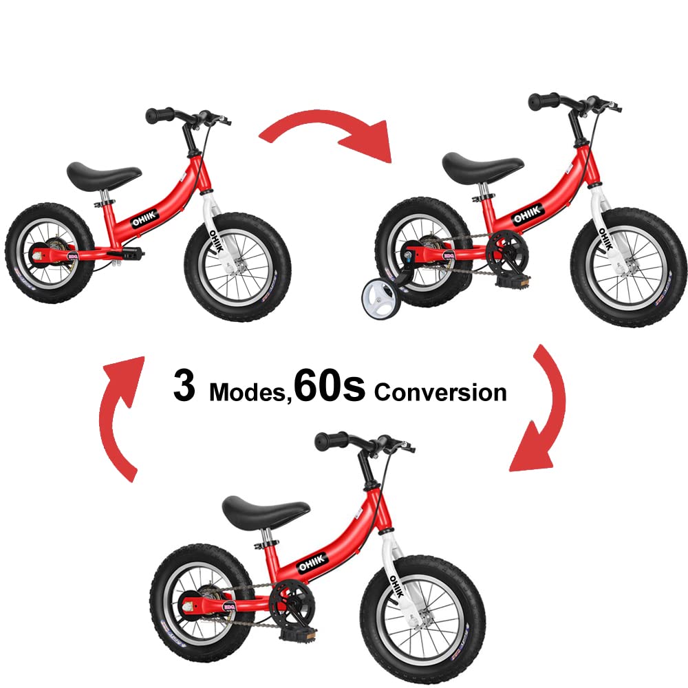 OHIIK Balance Bike 2 in 1 for Kids 2 3 4 5 6 7 Years Old,Balance to Pedals Bike,12 14 16 inch Kids Bike,with Pedal kit,Training Wheels,Brakes (16 inch, Red)