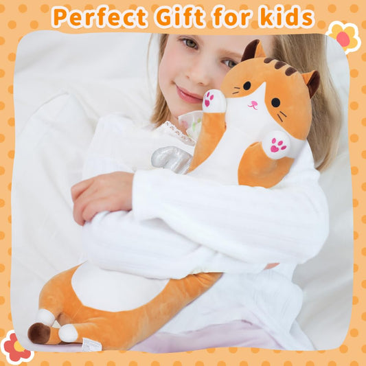 SNOWOLF Cute Long Cat Plush Body Pillow, Kawaii Cat Plushie Toys Cuddle Cartoon Stuffed Animals Soft Kitten Throw Pillow Doll Gift for Kids Girls Boys (43.3", Orange)