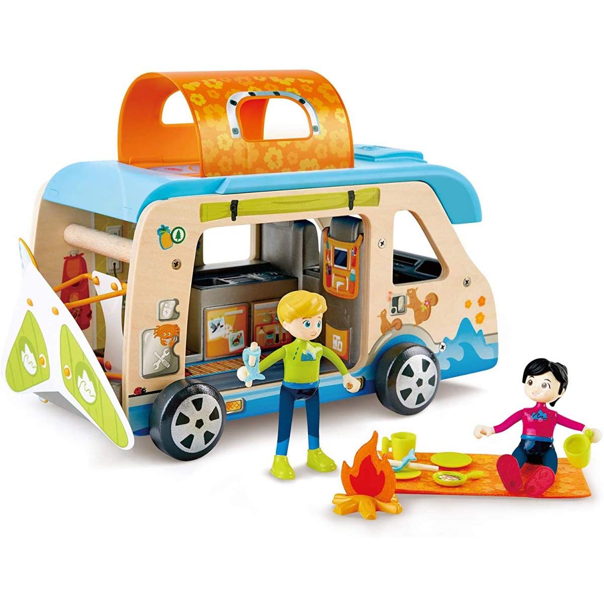 Hape Adventure Van| 23-Piece Wooden Pretend Play Camper Van Toy Set with Camping Accessories