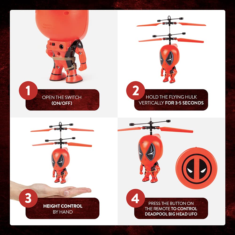 World Tech Toys Marvel Deadpool 3.5Inch Big Head Helicopter Toy – Motion-Sensored Flying Toy for Kids - Officially Licensed – Ages 6+