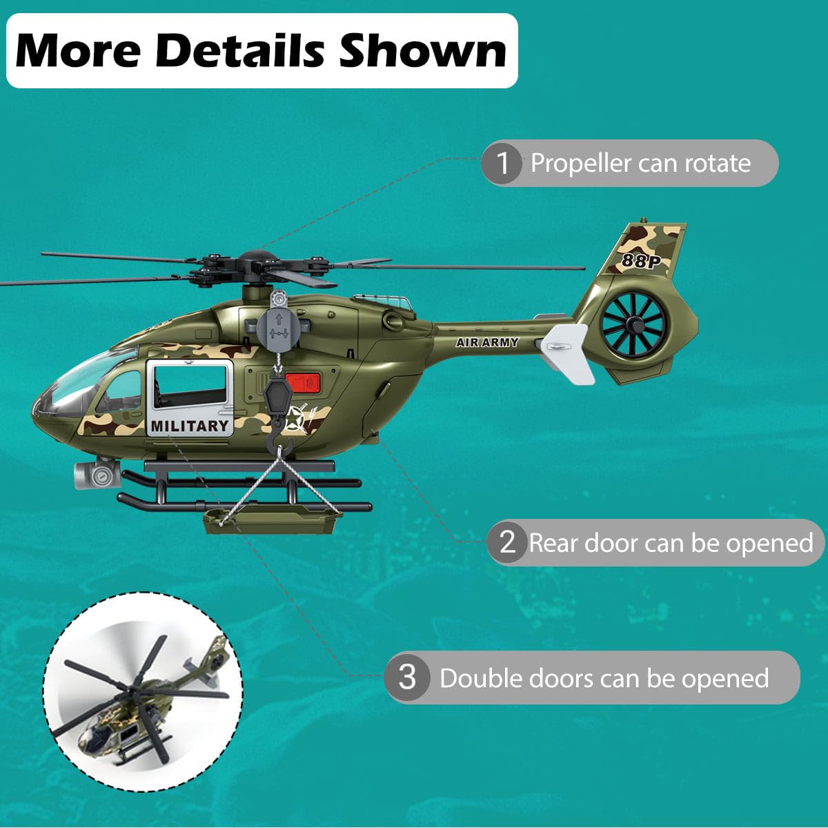 GreenToys Helicopter 15-in Military Airplane Toys for Kids with Hanging Basket Sounds and Lights for Boys Ages 3 4 5 6 7