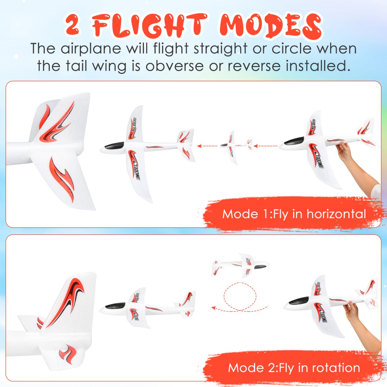 NUOBESTY 2 Pack Airplane, 39" Large Throwing Glider Plane Toy 2 Flight Modes Foam Glider Airplane for Kids Flying Plane Toys for Boys, Girls to Outdoor Play, Birthday Party Favor