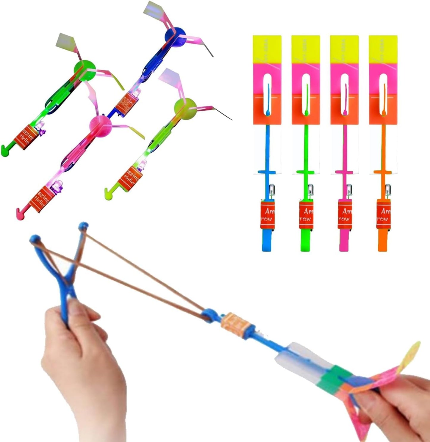 Krcilcuk 50 Sets LED Flying Set, 25 Slingshot + 25 Glow Helicopter, Glow in The Dark Party Favors for Kids, Outdoor Game Toys Party Supplies Gifts Bulk