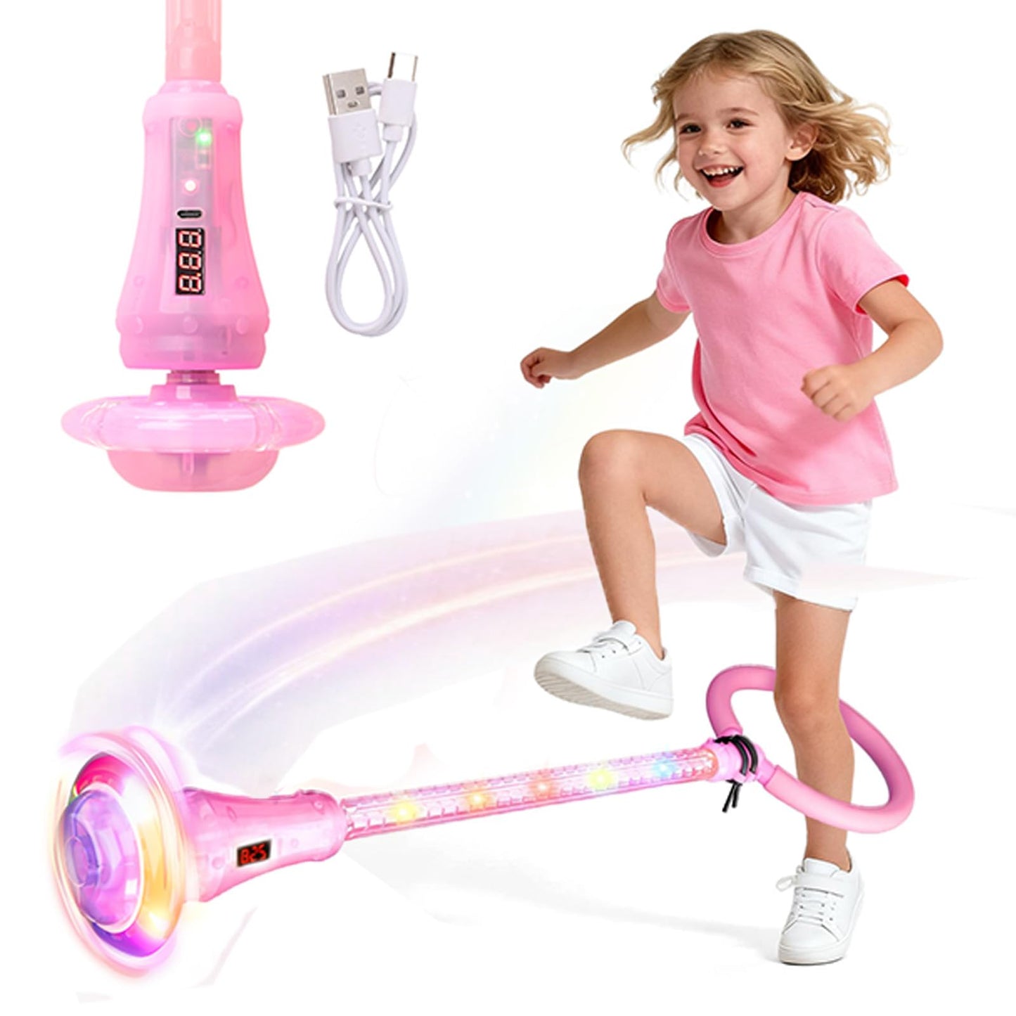 Rechargeable Ankle Skip Ball for Girls, LED Light Up Skip Ball with Counter Timer, Foldable Jumping Toy with Flashing Wheel, Outdoor Birthday Gifts for Kids Age 6-10 (Pink, Illumination + Counter)