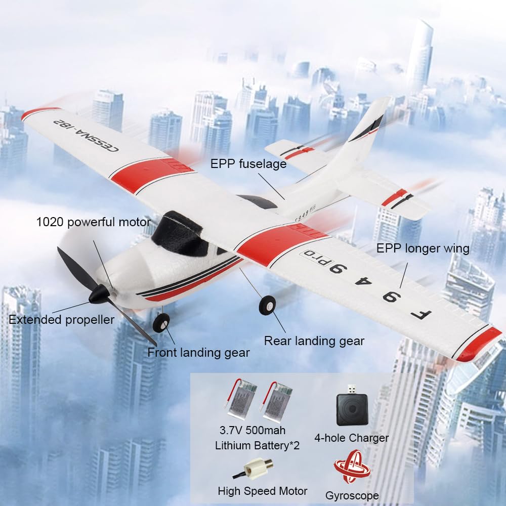 Park10 Toys RC Airliner F949pro 3CH 3D6G RC Plane for Beginner 1020 Motor 2.4GHZ LED RC Airplanes for Adults CESSNA-182 RTF RC Glider with 2 Batteries Replaceable Parts (LED 2BSL)