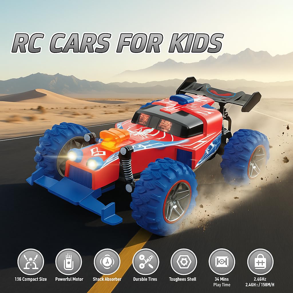 IPLAYBLOOM 2.4 GHz Remote Control Off-Road Racing Car,RC Cars Toys with Two Rechargeable Batteries and USB Charging, 1:16 Electric Vehicle Gifts for Kids Girls Boys