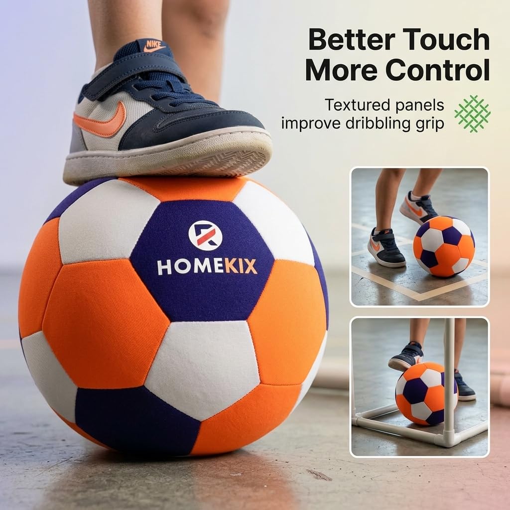 HomeKix Size 4 Indoor Soccer Ball – Soft Silent Foam Ball with Realistic Bounce for Kids Ages 3–12, Quiet Apartment-Friendly Home Practice, Dribbling & Juggling, Soccer Gift for Boys & Girls