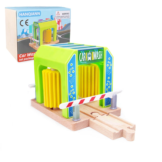 Wooden Car Wash Station with Train Truck,Expansion Pack Compatible with Railway Train Set,Wooden Toy Train Accessory for Kids Age 3 and Up