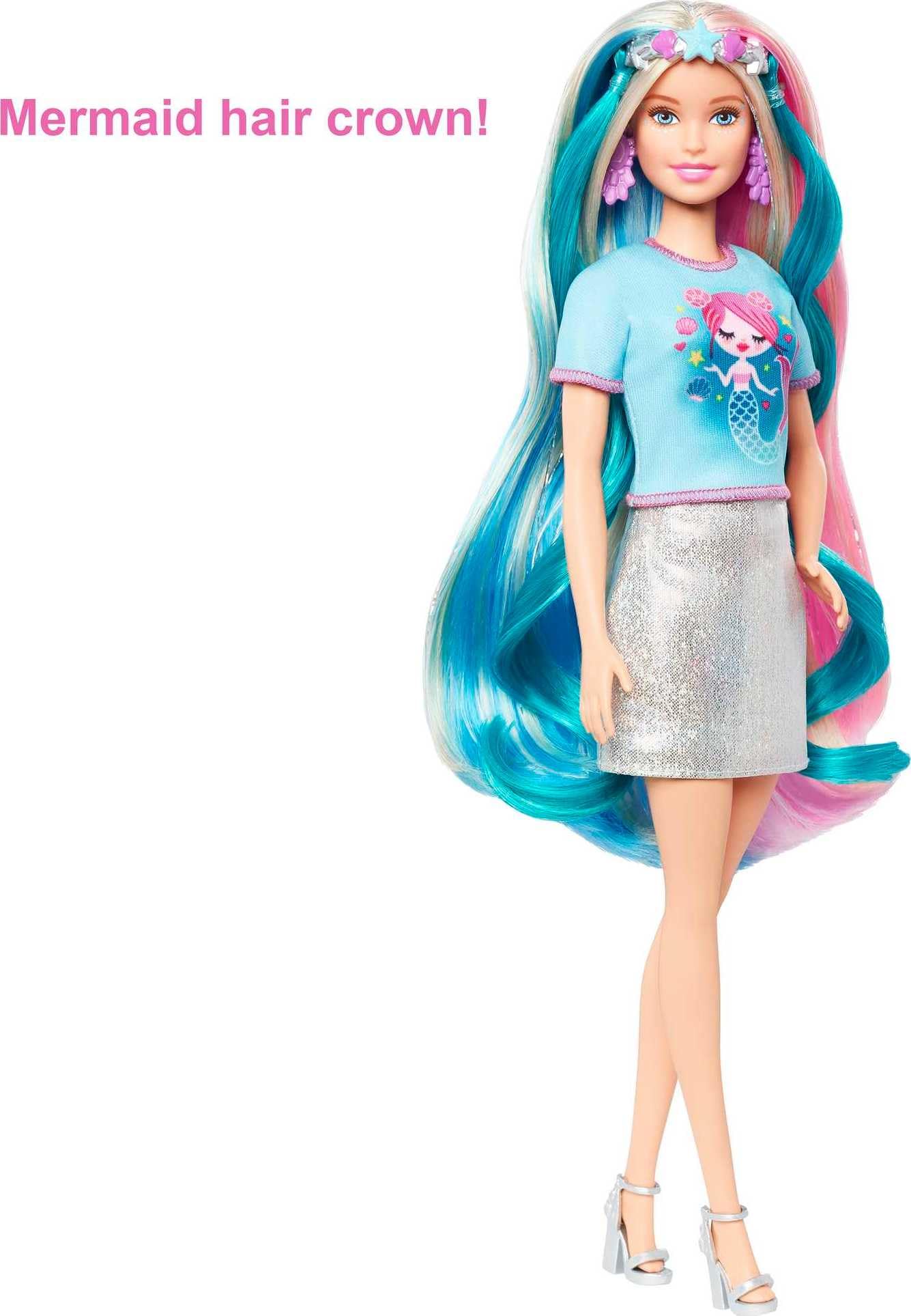 Barbie Fantasy Hair Doll, Blonde, with 2 Decorated Crowns, 2 Tops & Accessories for Mermaid and Unicorn Looks, Plus Hairstyling Pieces, for Kids 3 to 7 Years Old (Amazon Exclusive)