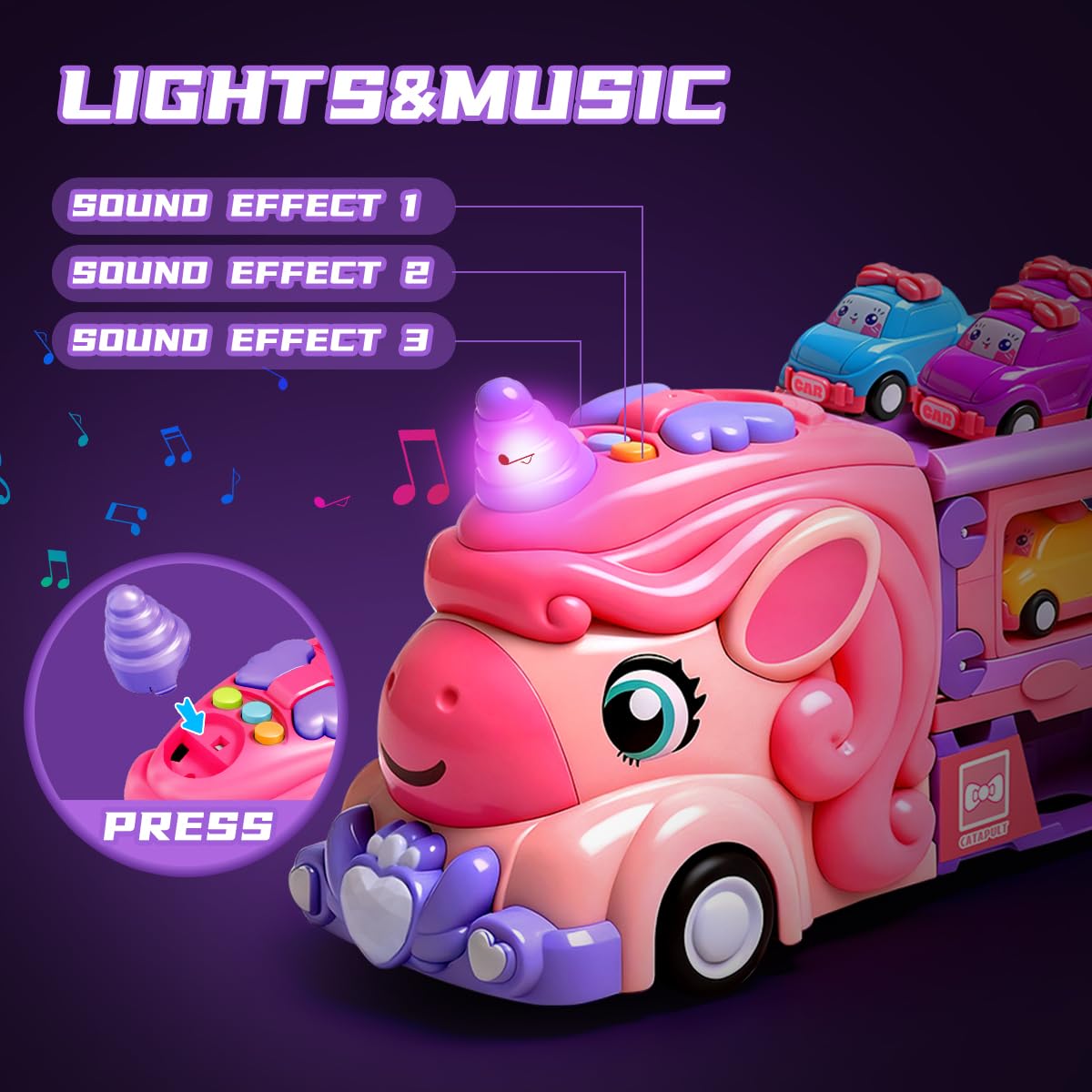 Unicorn Car Toys for Age 3 4 5 6 Year Old Toddler Girl, Foldable Track & 2 Player Race Mode Game, Light & Sound Push Transport Carrier Truck W/ 9 Princess Toy Cars, Birthday Gift for Girls Age 4-6