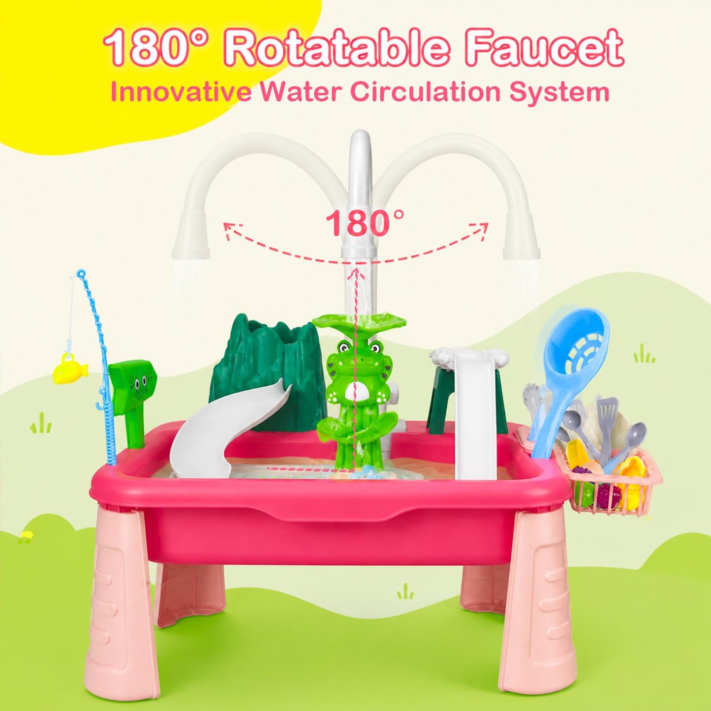 Hechify 2026 Upgraded Toddler Water Table, 4-in-1 Play Sink with Real Running Water & Pump, Kitchen Sink with Fishing Game, Outdoor Sensory Toys for Kids Toddler Baby Ages 1-3 4-8 (Red)