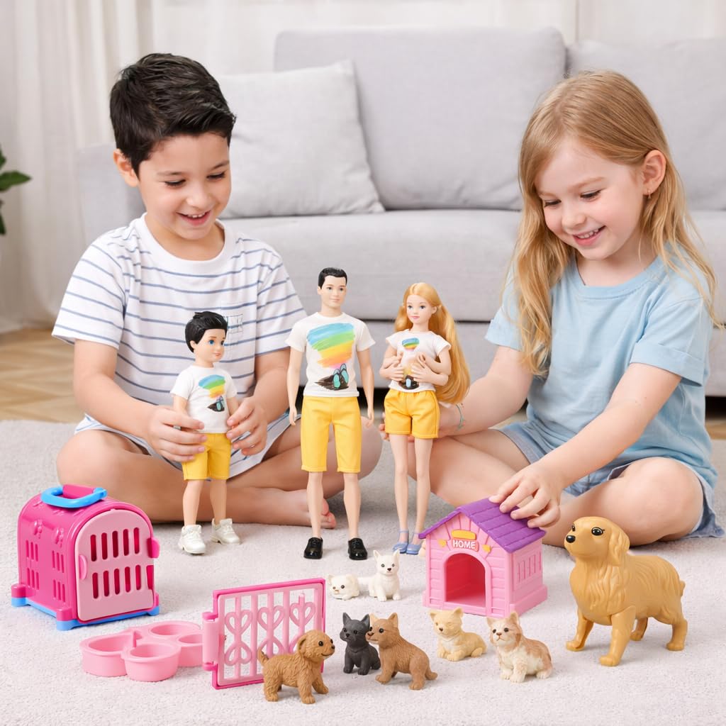 Family Doll Playset for Kids with Pregnant Mom Doll, Dad, Kids, Dollhouse Pets & Accessories – Pretend Play Toy Set for Boys & Girls, Interactive Family Storytelling Imagination Gift