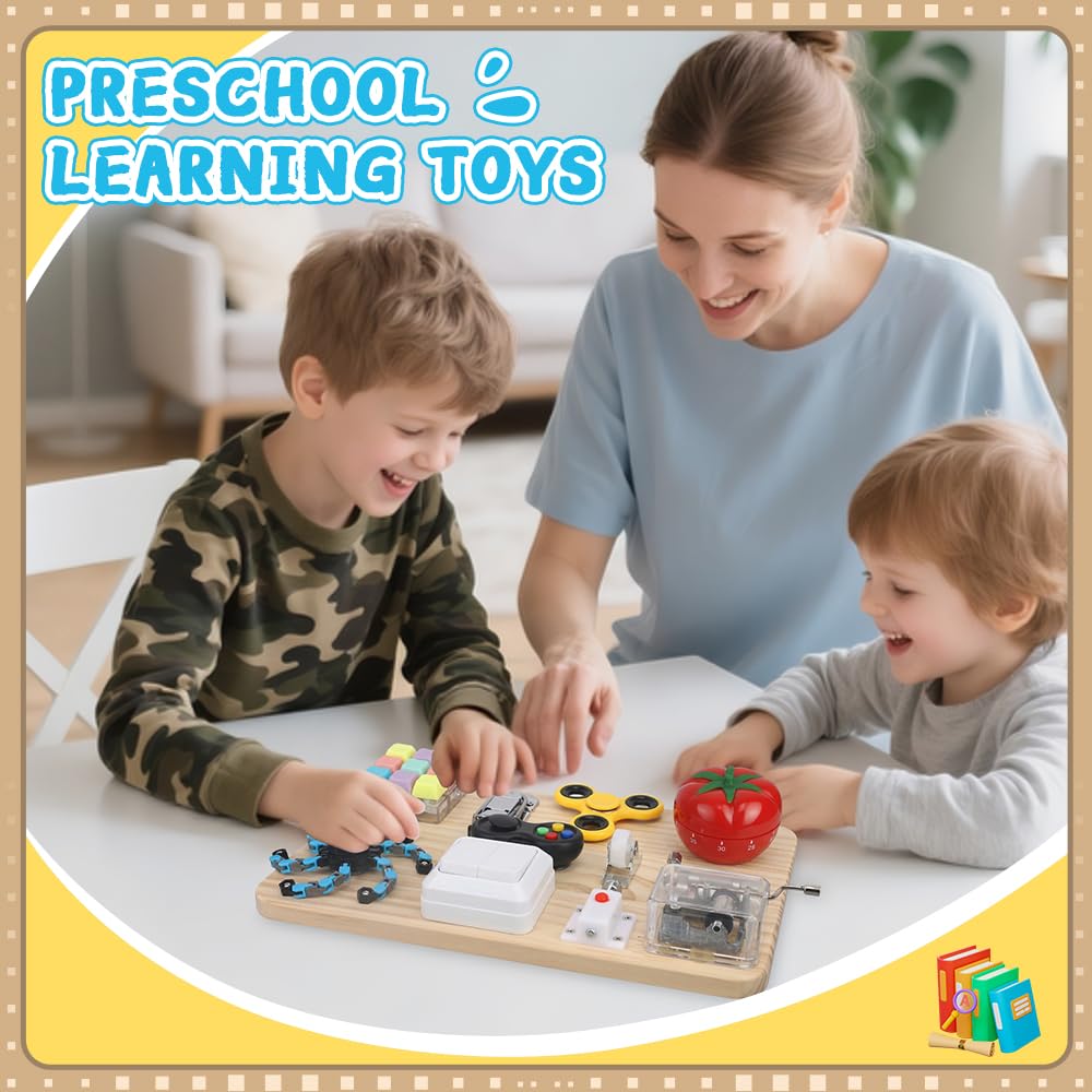 Busy Board for Toddler Kid Early Development, Fidget Sensory Learning Motor Skills Montessori Toy for Age 3 4 5, Busy Pad Fidget Spinner Travel Toy Birthday Gifts Educational Activities for Boy Girl