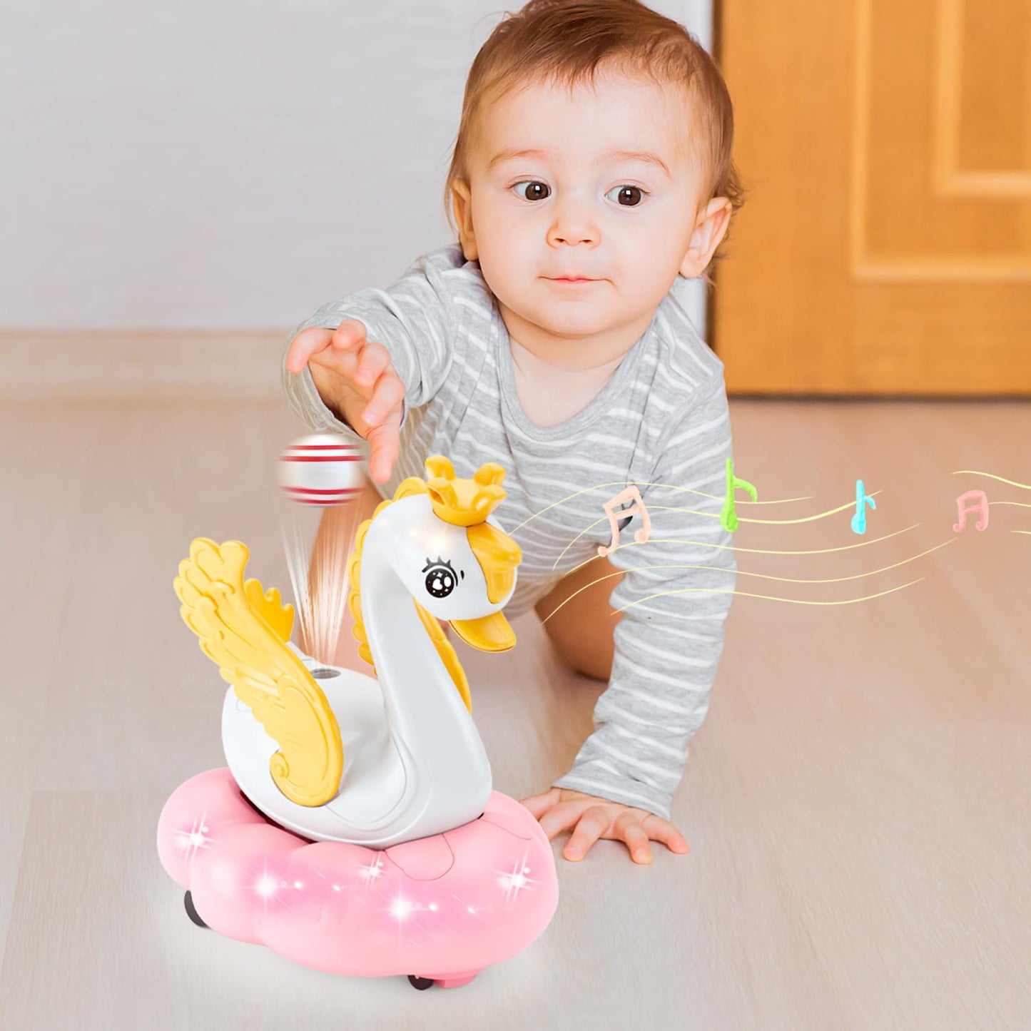 lonfypeng Baby Swan Musical Crawling Toy with Lights, Sounds, Blowing Ball, Infant Sensory Toys, Birthday Gifts for Kids Boy Girl 3 4 5 6 7 8 Years