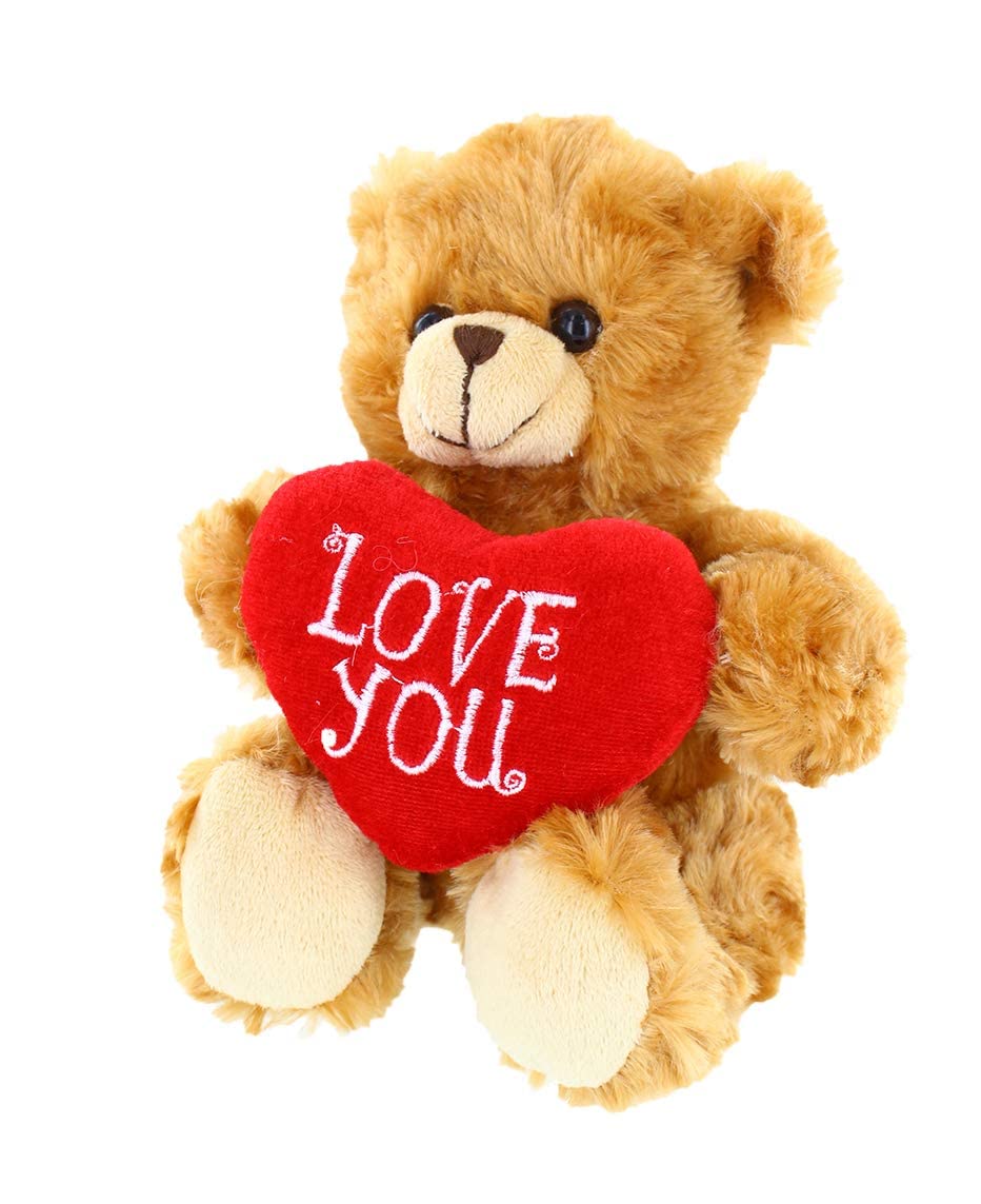 Plushland Stuffed Mocha Heart Bear – Love You- Plush Bear Toy for Kids & Adults - Embroidered Heart Pillow - Brown-6 inches