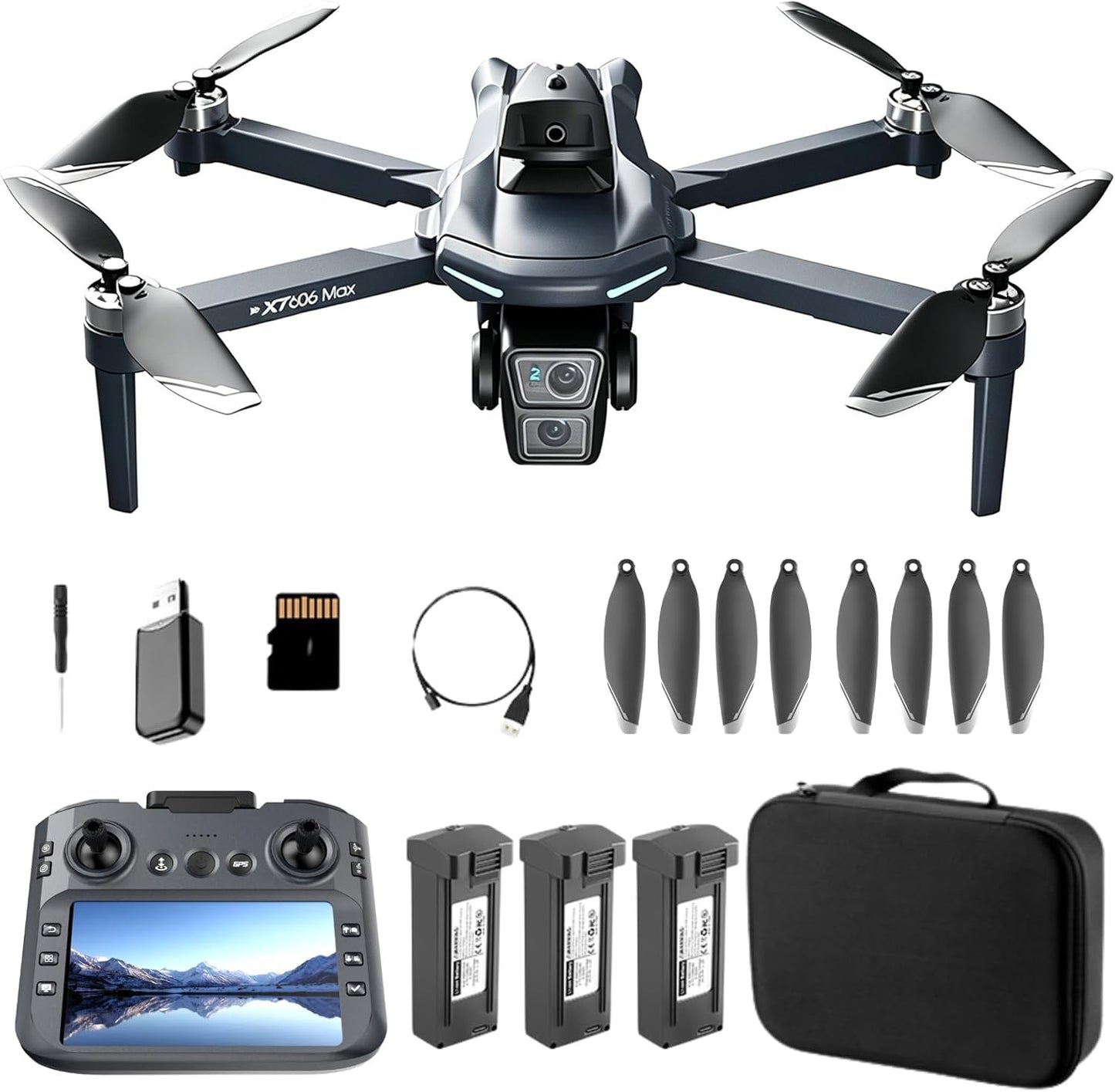 XT606 GPS Drone with camera for adults 4k, 4.3" HD Screen on Controller, 60 Mins Flight Time, Long Range Transmission, Follow Me, Auto Return, Brushless Motor, Obstacle Avoidance, Lightweight and Foldable Quadcopter for Beginner Birthday Gifts Toy