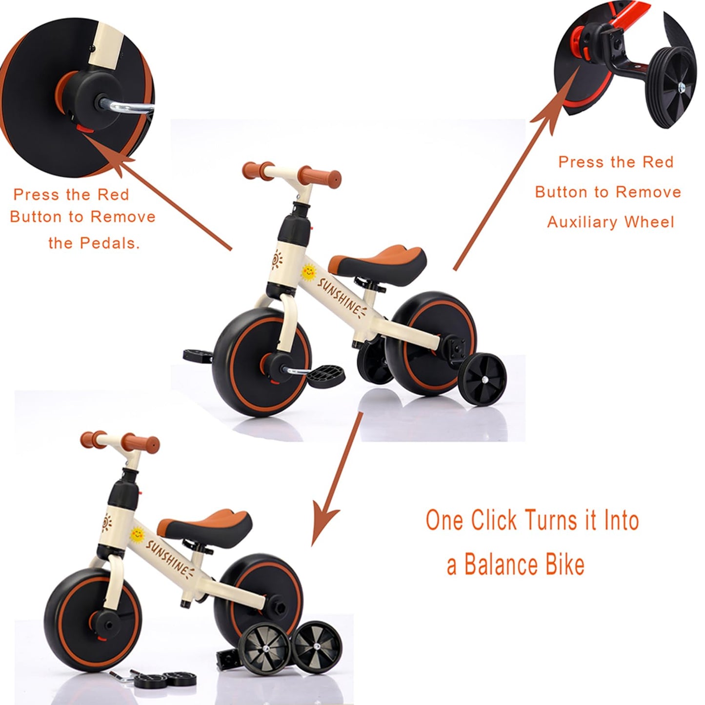 FVOJZQGD 3 in 1 Balance Bike and Bicycle with Training Wheels, Adjustable Seat, Convertible Tricycle for Toddlers and Kids 1-3 Years, Boys Girls