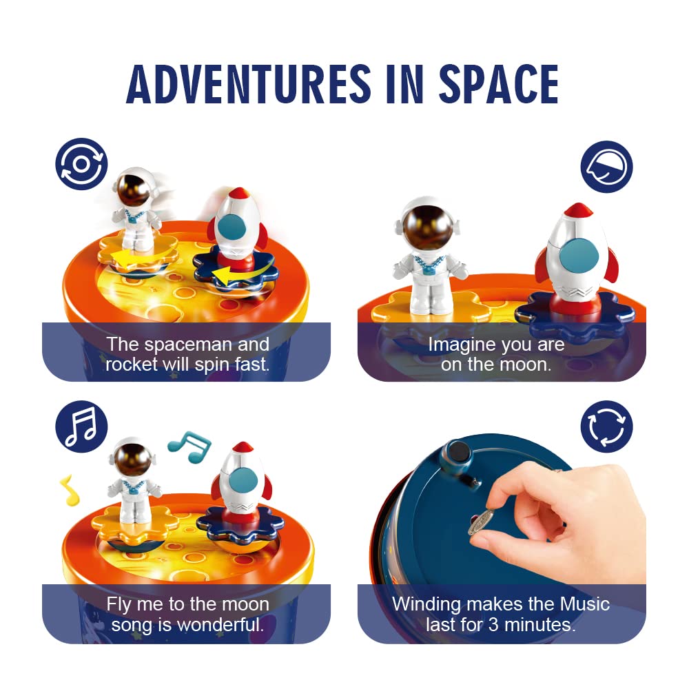 Moon Landing Music Box with Astronaut & Rocket Figures – Wind-Up Musical Space Toy Plays “Fly Me to the Moon” – Spinning Cake Topper Decoration – 4+ Minute Playtime – Birthday Gift for Kids & Adults