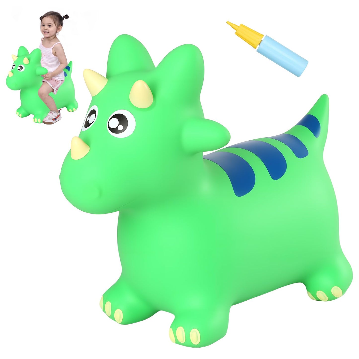 INPANY Bouncy Horse, Dinosaur Hopper Toys, Toddler Bouncing Animal, Dinosaur Party Decorations, Inflatable Ride on Rubber Triceratops Bouncer, Outdoor Cool Birthday Gift for 2 3 4 Yr Boy Girl Green