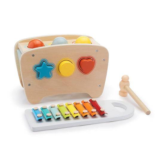 Amazon Basics Musical Pounding Bench With Xylophone and Shape Sorter Educational Toy for Toddlers, Developmental Learning Toy, Age 18M+, Boy Girl Baby, 11.6 x 5.2 x 6.3 inches, Multicolor