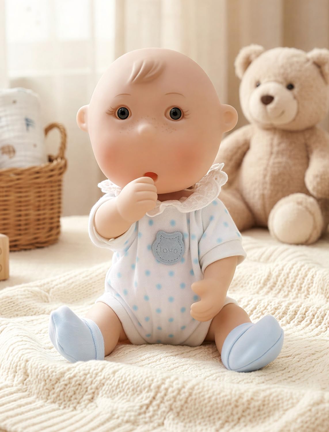 Cloveray Cute Potato Baby Doll, 7 Inch Mini Baby Doll with 5 Movable Joints, Thumb-Sucking Pose, Full Vinyl Doll Gift for Kids and Collectors, Ages 3+ (Blue)
