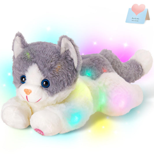 Houwsbaby 15" Gray Light up Kitty Stuffed Animal Cat Floppy LED Plush Toy Kitten Night Lights Glow Pillow Birthday Festival Christmas Halloween Presents for Kids Toddler Girls