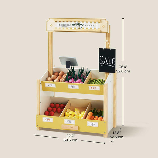 Tiny Land Wooden Play Store – Pretend Farmers Market & Coffee Shop with Cash Register, DIY Price Tags, Chalkboard, Pretend Grocery Store Role Play Toy for Toddlers