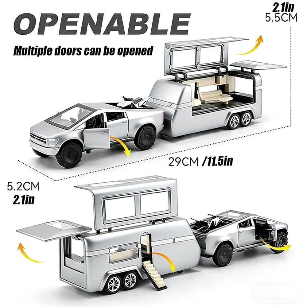 RCOOS Toy Car Alloy Truck Set with Trailer and Motorcycle Cyberpickup Toy with Sound and Light Effect Pull Back Vehicle RV Toy EV Model Ideal Gift for Kids Boys Girls Adult Age for 3+
