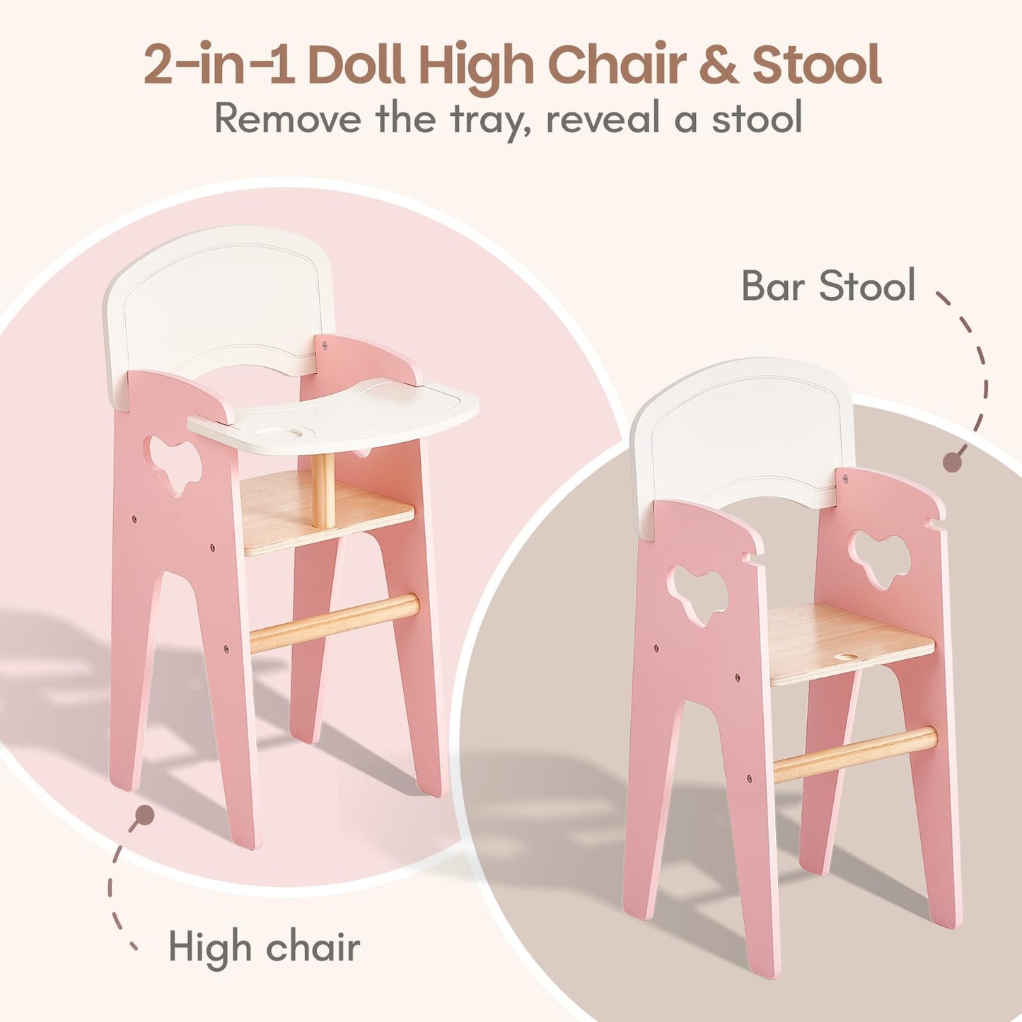 Giant bean Wooden Baby Doll High Chair with Feeding Set, Pretend Play Feeding Seat for Dolls, Includes Bib, Utensils, Bottles & Plate, Toddler Role Play Furniture for 18 Inch Dolls