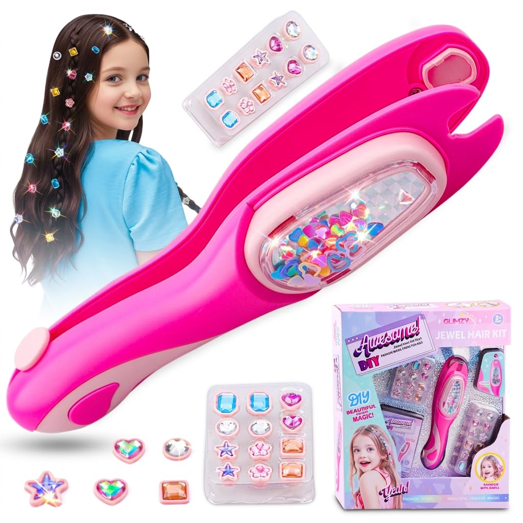 GLIMZY Hair Gem Stamper Kit for Girls – DIY Jewel Hair Applicator with Large Gems, Premium Hair Jewelry & Bling Toy Gift for Kids Ages 3–12