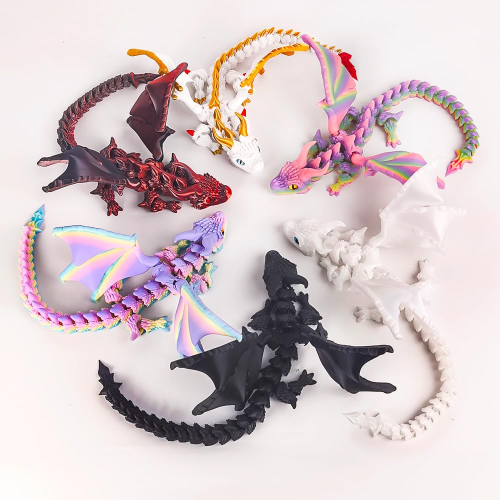WUQIREN 3D Printed Dragon with Wings, 3D Printed Animals Toys, Fidget Dragon Toys, Flexible Articulated Winged Crystal Dragon Model, Desktop Pet Decor, Dragon Gift for Kids & Adult (Random-Rainbow)
