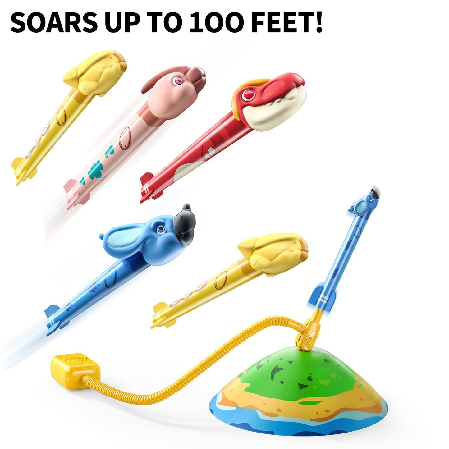 TEMI Dinosaur Rocket Launcher - 6 Dino Rockets, Launch up to 100 ft, Fun Outdoor or Indoor Kids Toy for Boys & Girls Age 3-7, Dinosaur Toy, Birthday Gift for Kids Age 4-8