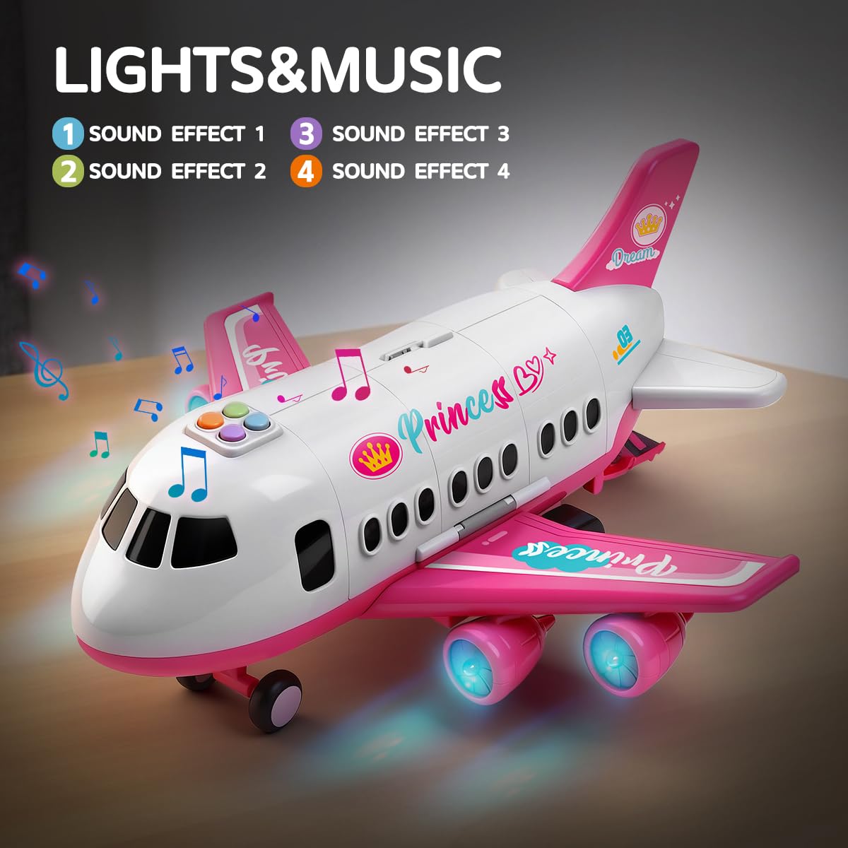 Pink Airplane Toy with Princess Cars and Play Mat,Plane with Lights and Sounds for 2 3 4 5 6 7 Year Old Toddler Girls,Birthday Gift Idea for Kids