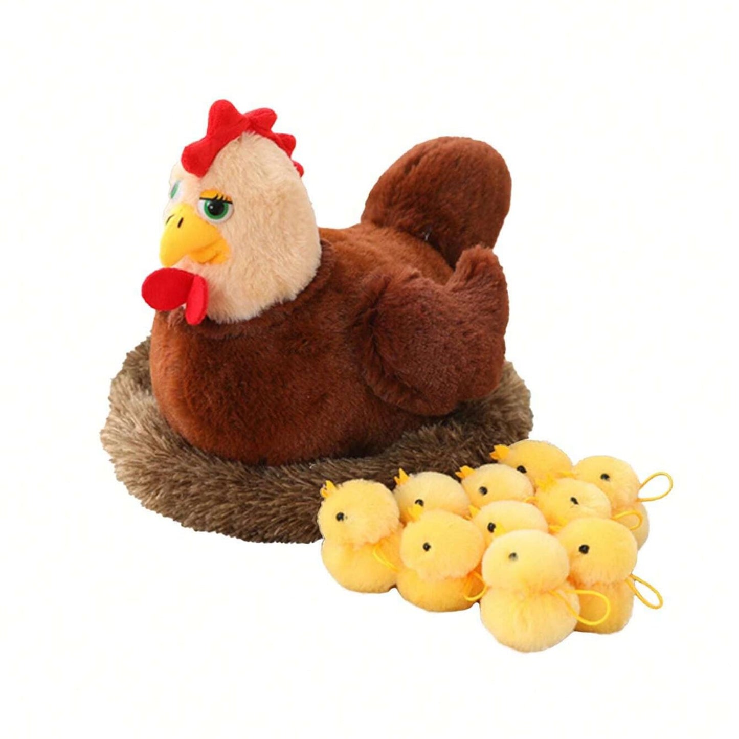 unsnurnoch 12PS Chicken Stuffed Animal 11.8", Mother Hen with 10 Baby Chicks and Nest, Interactive Farm Animal Plush Toy for Kids and Collectors, Creative Easter Birthday