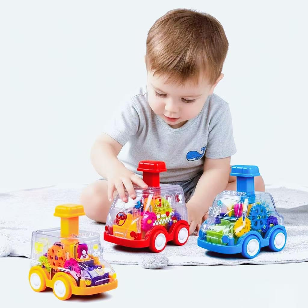 Toy Cars for Toddlers 1-3, 3 Pack Transparent Gear Press and Go Friction Powered Cars, No Battery Push Go Baby Car for 1 Year Old Boys Girls, First Birthday Gift