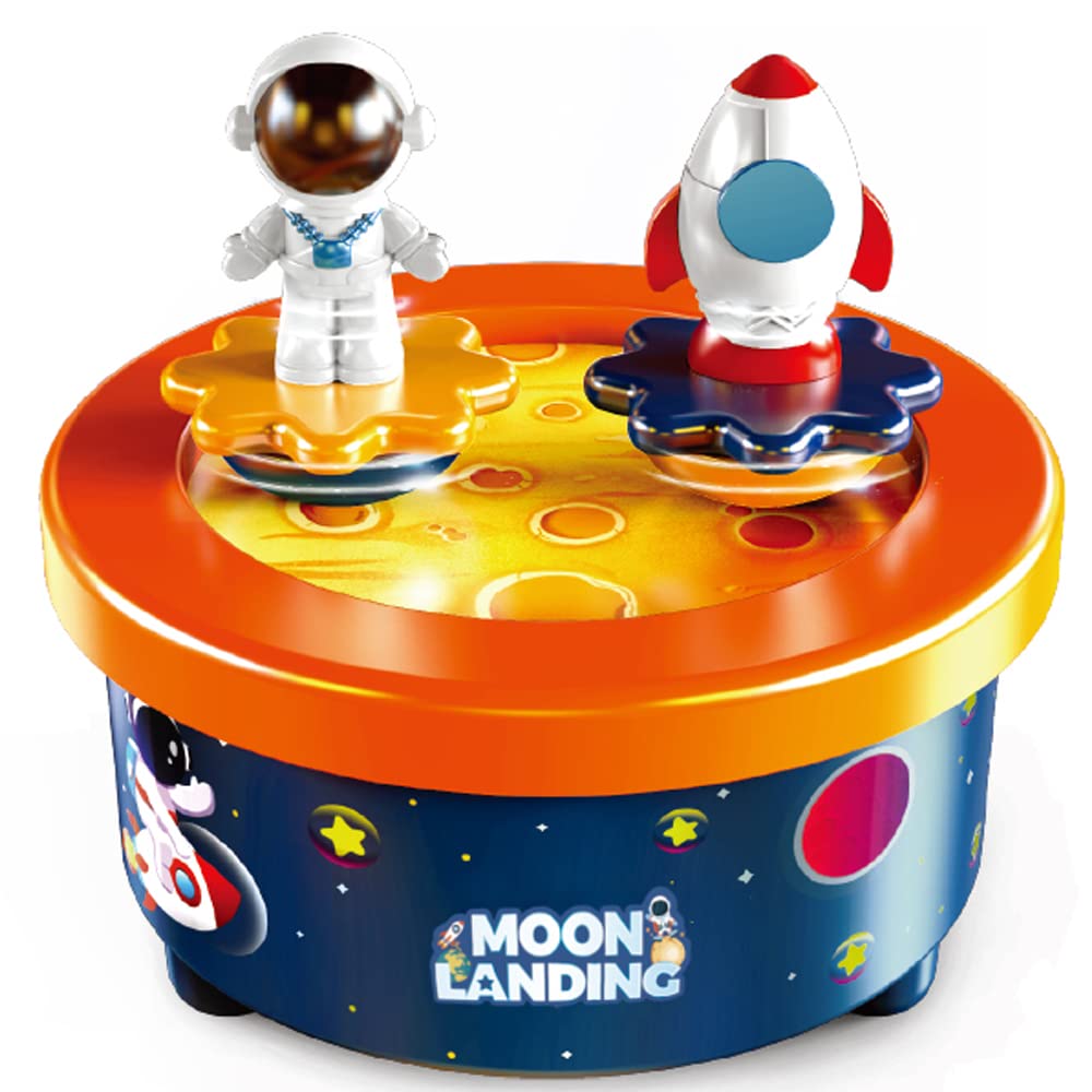 Moon Landing Music Box with Astronaut & Rocket Figures – Wind-Up Musical Space Toy Plays “Fly Me to the Moon” – Spinning Cake Topper Decoration – 4+ Minute Playtime – Birthday Gift for Kids & Adults
