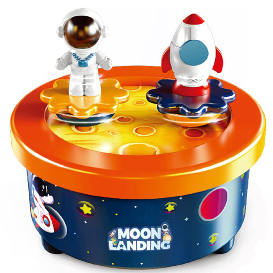 Moon Landing Music Box with Astronaut & Rocket Figures – Wind-Up Musical Space Toy Plays “Fly Me to the Moon” – Spinning Cake Topper Decoration – 4+ Minute Playtime – Birthday Gift for Kids & Adults